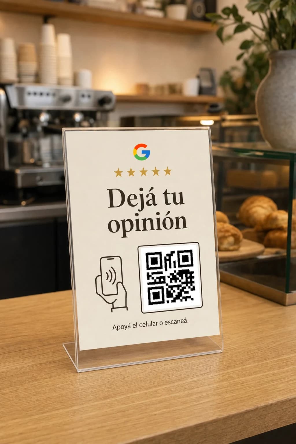 Acrílico de mostrador: NFC o QR para la reseña en Google.